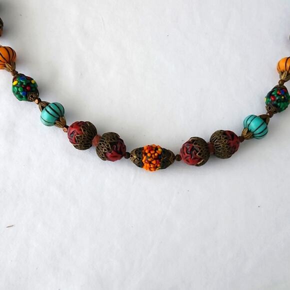 Vintage Brass Beaded Statement Necklace | Handmade Bold Jewelry - Picture 2 of 6